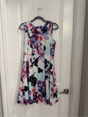 DKNY Sleeveless Floral Fit & Flare Dress in Mint, Pink & Navy
